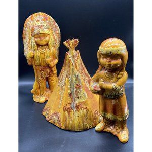 Creek Nation Figural Pottery Teepee Chief Boy Girl Vintage Rare Native American